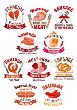 Meat of chicken and pork ham, beef steak icon. Lamb and pig, turkey food, grilled fillet and sliced sausage, wurst or kielbasa, tenderloin and sirloin, salami. Restaurant or shop, market or store them