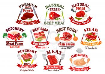 Icons of meat products like chicken on plate and beef steak, bacon with leaf and lamb or cow meat with onion and spices, forks and knives, solnice and pepperbox. Poultry product and kitchen, cooking o
