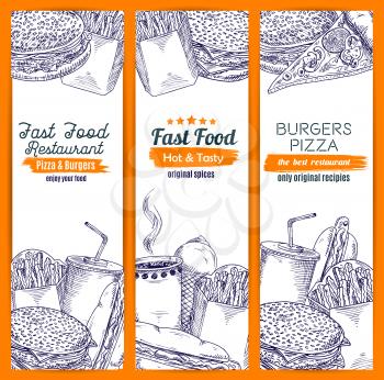 Sketched american fast food banner. Hamburger or cheeseburger, hot dog with sausage and ketchup, fried french fries and pizza, coffee and soda, ice-cream with scoop ball in waffle cone. Restaurant and