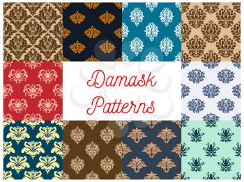 Retro damask or damasque seamless pattern background. Vintage floral ornament or flower foliage tile, plant or nature tracery and rococo embellishment, antique asian vignette. Tracery for cloth or tex