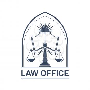 Juridical or legal icon with scale or weigher and opened book with star or sun light behind. Justitia or lady justice logo for law office or prosecutor sign. Arbitrate or verdict, punishment and attor