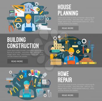 Construction, home repair, house building industry vector flat design banners. Profession workers builder, constructor or engineer. Work tools engineering instruments, development planning. Drill, cra