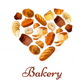 Heart of bread. Bakery vector poster of sliced wheat bread toasts, crunch pie or cake, wheat bread loaf, rye brick or bagel, glazed donut or cupcake dessert, sweet croissant and chocolate muffin. Desi