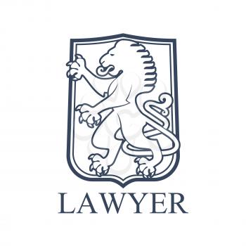 Legal office icon. Vector emblem for lawyer or advocate. Juridical isolated badge with heraldic lion symbol on shield or balzon shape. Law attorney or advocacy and rights service center or notary comp