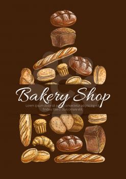 Bakery shop poster. Vector sketch of wheat and rye bread loaf, bagel, croissant, pretzel, sweet bun, muffin, dessert pie for bakery shop, pastry, patisserie
