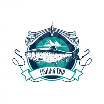 Fishing icon. Fishery industry or fisher trip sport club vector isolated round badge sign with humpback salmon, trout cod or sturgeon fish, fishing rod with hook, fishing net, and fisherman ship boat 