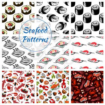 Japanese seafood patterns. Vector seamless set of sushi rolls and sashimi, shrimp or fish tempura food, steamed rice and salmon caviar or tuna with squid and noodle seaweed miso soup, wasabi, soy sauc