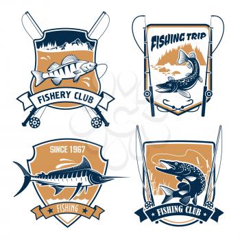 Fishing icons set. Fisherman trip club or fishery industry vector badges or emblems with fishing rods, hook and baits, river or lake fish catch of marlin, pike, carp perch or sturgeon salmon or trout,