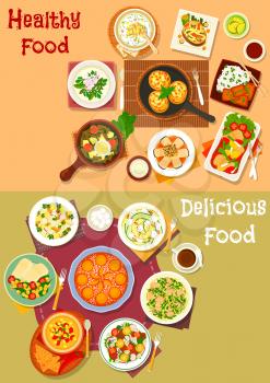 Healthy lunch dishes with fruit dessert icon set of fish dishes with vegetables and rice, vegetable cold soup, salads with chicken, cheese, olive, pork, egg and zucchini, chilli corn soup, apricot pie