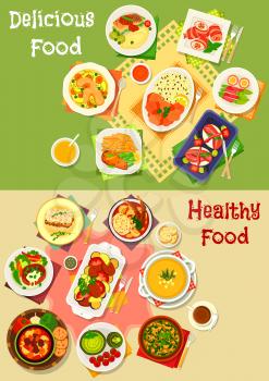 Dinner and lunch food icon set of soups with vegetable, chicken, beef, bean and lamb, bacon rolls with sausage, cheese and veggies, beef steak, pork stew, meat rice pie, fish with rice, potato fries