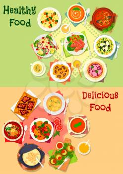Healthy dishes with dessert for dinner icon set of fruit and vegetable salad with chicken, cheese, tuna and herring, meat and fish soup with veggies, bread, bean and meatball, chocolate, fig roll