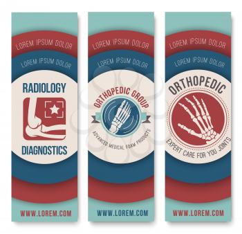 Orthopedic surgery and radiology diagnostics banner template set. Medical badges of hand, foot, elbow bones and joints in round frame with text layout. Medical company, clinic advertising design