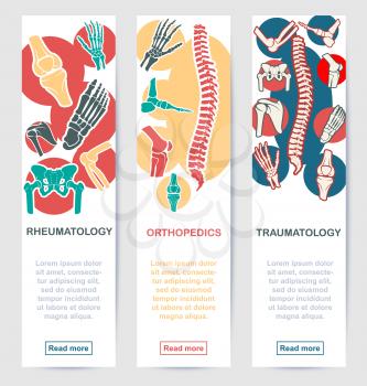 Medical banner template for orthopedic, traumatology and rheumatology medicine. Healthy joints and bones of human spine, leg, hand, knee, pelvis and shoulder. Hospital, diagnostic clinic design