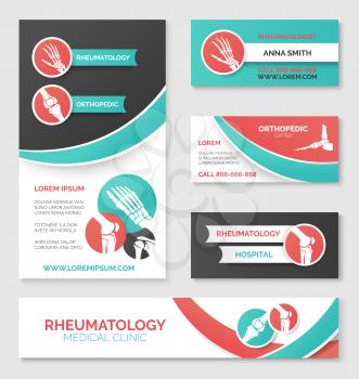 Orthopedic medical clinic banner, rheumatology hospital flyer, orthopedic surgeon and rheumatologist business card layout template design with healthy joints of hand, leg and foot bones