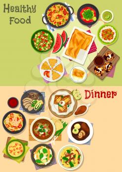 Lunch and dinner icon set with baked chicken, beef roll and pork, rice and noodle with meat, vegetables and fish, shrimp salad, chocolate cake, bacon and tofu soup, apple pancake, fish pie, cheesecake