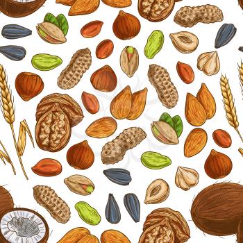 Nut, seed and cereal seamless pattern of peanut, almond, pistachio, walnut, hazelnut, tropical coconut, wheat and sunflower seed. Vegetarian dessert, snack food background design