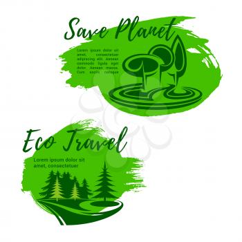 Green travel or ecology saving vector symbols. Planet environment protection and garbage pollution prevention in forest and nature. Eco friendly outdoor trip conceptual icons with trees