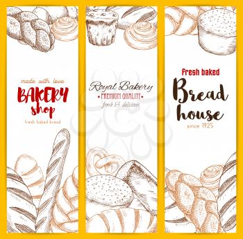 Bread house banners of sketched wheat rye brick and braided bagel, pretzel, long loaf and cinnamon roll bun, muffin dessert and wheat toast bread, chocolate cupcake, sweet pie or cake and croissant. V