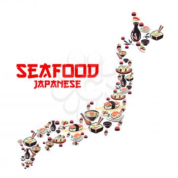 Map of Japan with asian cuisine seafood dishes. Japanese cuisine sushi roll and nigiri, seafood soup and rice with shrimp, salmon, tuna and caviar, soy sauce, sake. Japanese and asian cuisine design