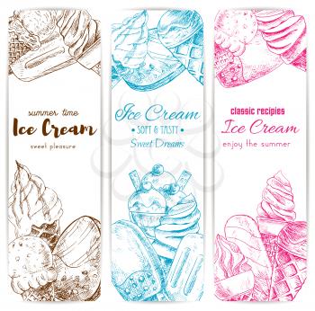 Ice cream sketch banner set. Soft serve ice cream cone, chocolate covered ice cream on stick, sundae dessert and fruit popsicle. Cafe dessert menu, food packaging label design