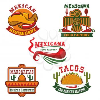 Mexican food restaurant emblem set. Mexican cuisine traditional meat and vegetable tacos, hot red chilli pepper with sombrero hat and ribbon banner. Mexican restaurant, cafe and bar logo design