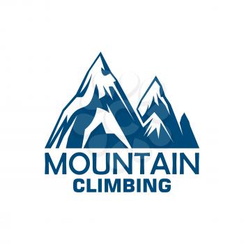 Mountain climbing adventure and camping expedition badge. Snowy mountains blue silhouette symbol for sport club emblem design