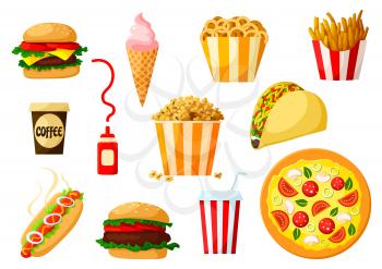 Fast food dishes with drinks and dessert icon set. Hamburger, pizza, hot dog, taco, cheeseburger, coffee and soda cups, ice cream cone, boxes of french fries, popcorn and onion rings, ketchup sauce