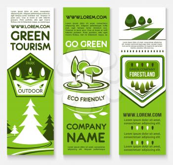 Ecotourism business template banner set. Forest and park nature landscape with green trees, plants, grass lawns and text layout. Promotion poster, advertising brochure, company card design