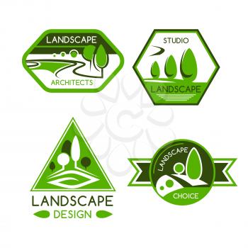 Nature emblem of green park and garden view with trees, plants, lawns and paths. Landscaping services, landscape design or architecture sign