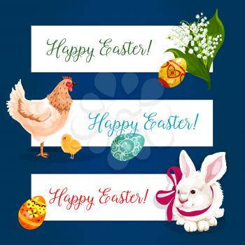 Easter holiday festive banner set. Easter egg with ornament, white rabbit bunny with ribbon bow, chicken with chick and spring lily flowers. Greeting card border, gift packaging label design