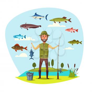 Happy fisherman with fishing rod and fish catch in bucket. Vector fisher man holding fishes on hook marlin, pike and perch, sheatfish or catfish, salmon, carp and crucian