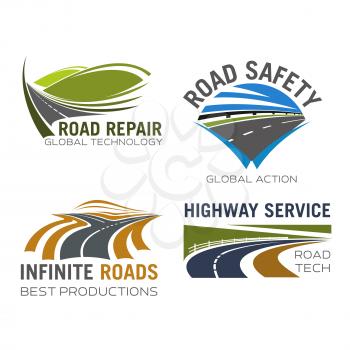 Road, highway or motorway lane and expressway drive vector isolated icons set for safety driving sign, transportation route repair, construction or car vehicle insurance company and navigation applica