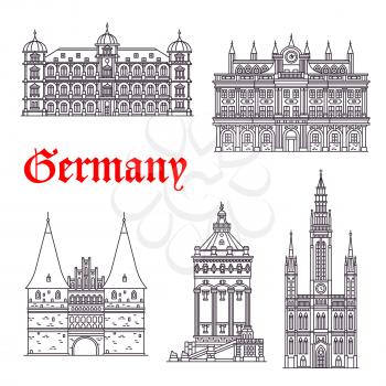 German historic architecture symbols and Germany famous sightseeing buildings. Vector isolated icons and facades of Town Hall, Palace Gottesaue in Karlsruhe, Holstenor museum, Wasserturm water tower i