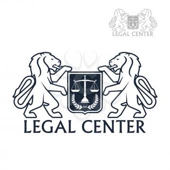 Advocacy and law legal center vector icon with symbols of heraldic lions holding shield of justice scales and laurel wreath. Emblem or sign for juridical company or advocate and justice attorney offic