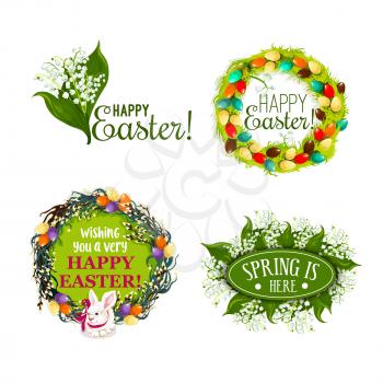 Easter spring holiday cartoon badge set. Easter eggs, willow tree branches and green grass wreaths, white rabbit bunny with ribbon and lily of the valley flower symbols with wishing of Happy Easter