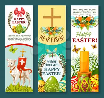 Easter egg festive banner set. Decorative Easter eggs with spring flower and butterfly, lamb of God with cross, Easter wreath with lily and tulip flowers, willow branches, ribbon bow and candle