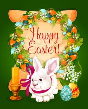 Easter eggs with rabbit greeting card. Paper scroll with Easter eggs, spring flowers and grapevine wreath, painted eggs, white bunny with ribbon, bunch of lily flower and candle. Easter card design