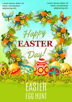 Easter holiday egg hunt cartoon poster. Painted Easter eggs hidden in green grass with spring floral wreath, composed of lily and tulip flowers, decorative egg, grapevine. Happy Easter Day card design