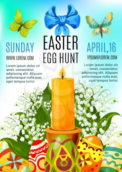 Easter egg hunt celebration poster or invitation flyer template design. Decorated Easter eggs with lily of the valley flowers and candle, supplemented with text layouts, ribbon bow and butterflies