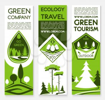 Ecology travel and green tourism vector banners set for environment protection and nature saving concept of forest and woodland park trees, waste-free or carbon free outdoor camping trip