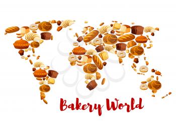 Bakery world map of bread and baked desserts vector toast bread and pretzel, loaf or croissant, patisserie bun or bannocks, wheat and rye brick and bagel, pastry muffin or donut and cupcake or cake
