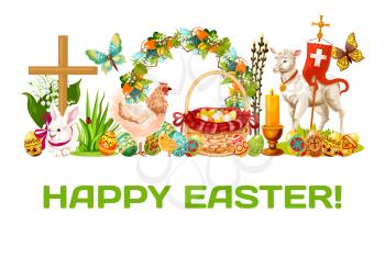 Easter spring holiday banner. Decorated Easter eggs in basket, rabbit, chicken with chick, lamb of God, floral Easter wreath with eggs, lily and tulip flowers, candle, cross, butterfly and willow tree