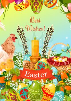 Easter greeting card with patterned and coloured Easter eggs with candle, chicken, chick, egg hunt basket, flowers of lily and tulip, willow tree twig and grapevine. Easter spring holiday design