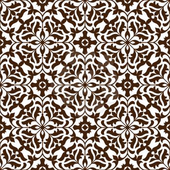 Damask seamless flourish pattern with brown ornament of floral sprigs with flowers and leaves on white background. Vintage stylized pattern for tile or wallpaper design