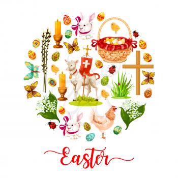 Easter round poster made up of cartoon rabbit bunny with ribbon, Easter egg, spring flower, egg hunt basket, chicken, chick, lamb of God, cross, candle, green grass, butterfly and willow twig symbols