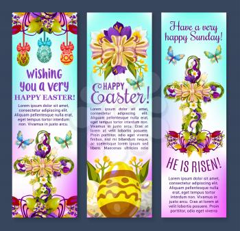 Easter greetings cartoon banner set. Patterned Easter eggs with cross, composed of spring flowers and ribbon bow, tulip, narcissus and crocus flowers bunch with flying butterfly. Easter holiday design