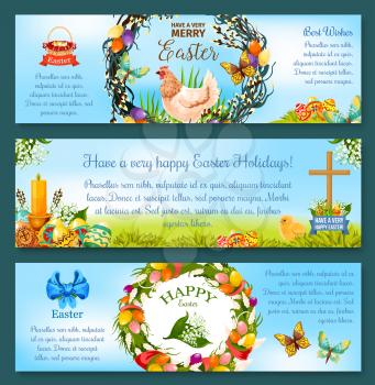 Easter eggs spring holidays celebration banner template. Easter eggs floral wreath, chicken, egg hunt basket, cross and candle with ribbon banner, lily flowers and willow twigs cartoon poster design