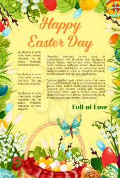 Easter Day, Egg Hunt celebration cartoon poster template with spring flower frame. Egg hunt basket with coloured easter eggs on green grass meadow with lily and snowdrop flower, willow tree branches