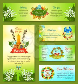 Easter holiday banner template set. Easter egg floral wreath with lily and tulip flowers, adorned by ribbon banner and bow, candle with willow tree twigs and butterfly cartoon poster and flyer design