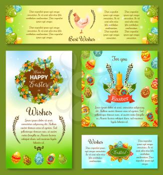 Happy Easter Day Wishes festive poster and banner template. Patterned Easter eggs, chicken, Easter wreath of spring flowers, candle with lily of the valley and willow twig, ribbon banner and butterfly